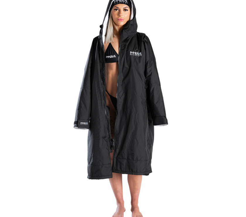 zipped up Immerse Recovery Dry Robe Coat