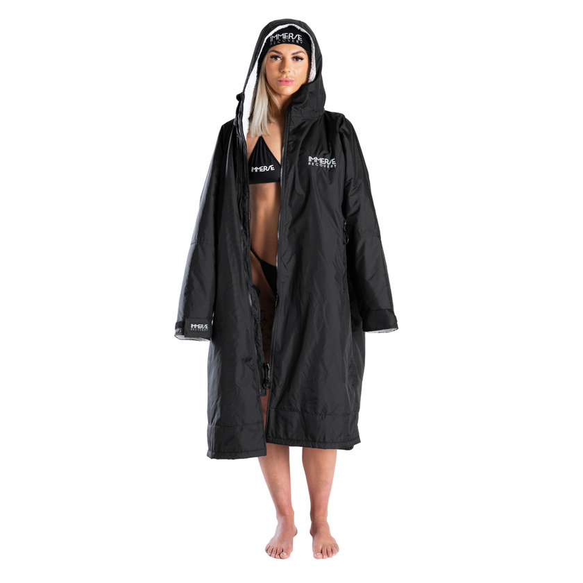 zipped up Immerse Recovery Dry Robe Coat